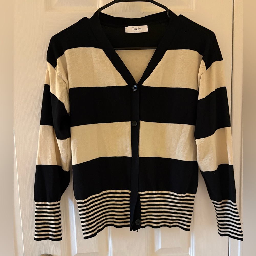 Theory Black and Cream Striped Cardigan